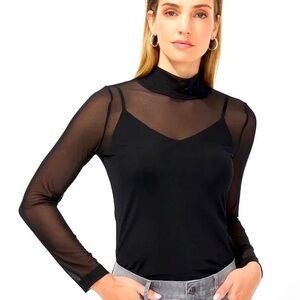 White House Black Market Black Sheer Blouse Mock Neck Long Sleeve Small Layering
